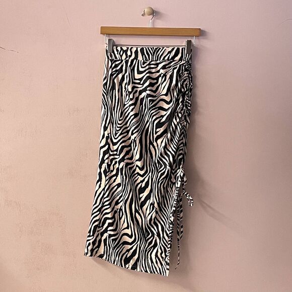 SHEIN Tan & Black Zebra Striped Ruched Side-Slit Midi Skirt Size S NWOT - Picture 1 of 10
